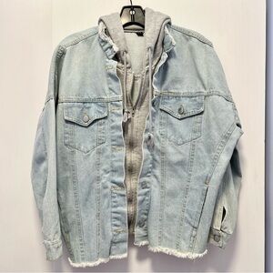 VINTAGE Light Blue Denim Jacket with Gray Hoodie - S